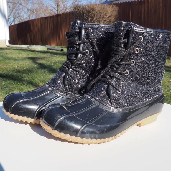 Sugar Women's Black Sparkle Glitter Duck Boots Size 9 - Picture 3 of 6